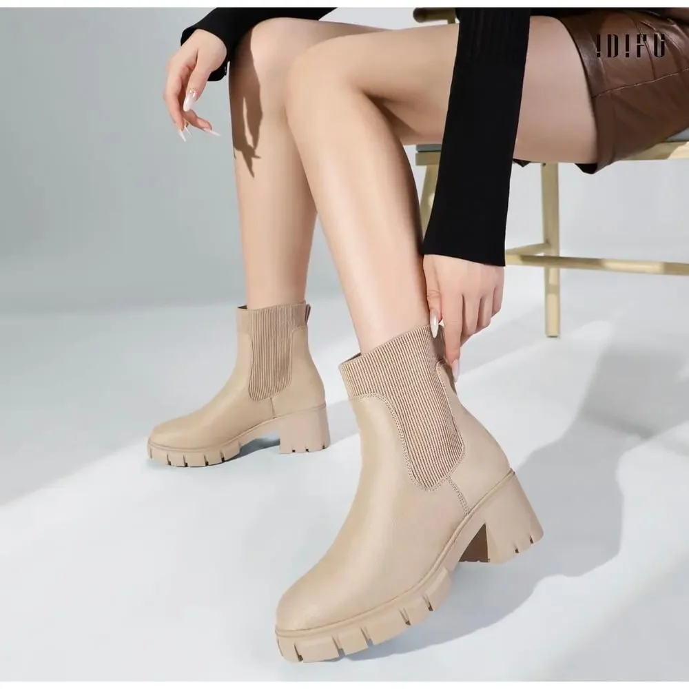 IDIFU Women's Nude Chelsea Slip On Platform Ankle Boots with Chunky Block Heel